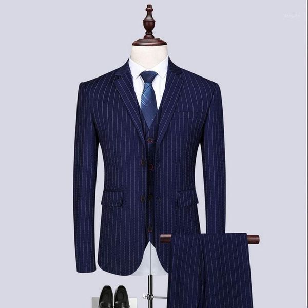 

jacket+vest+pants)2020 men suits fashion stripe men's slim fit business groomsmen men wedding suit man blazer1, White;black