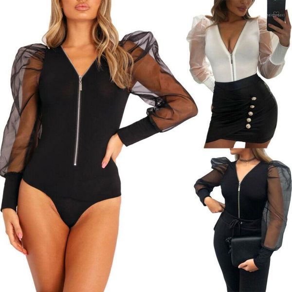 

fashion women bodysuit mesh sheer bodysuit skinny playsuit puff sleeve leotard jumpsuit romper1, Black;white