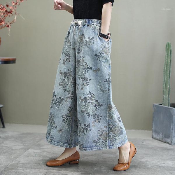 

plus size jeans woman 2020 new spring autumn ethnic floral print elastic waist pocket vintage denim wide leg pants trousers1, Blue