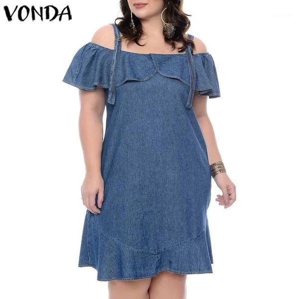 

vonda 2020 summer loose demin dress strap ruffled party dresses casual loose solid color mini sundress plus size beach robe1, Black;gray