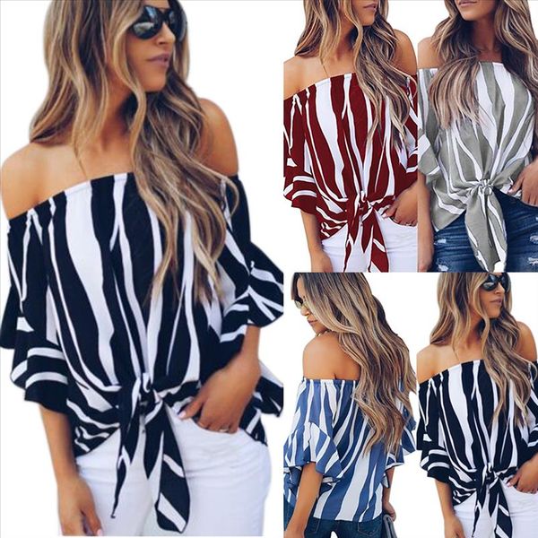 

2020 new women off shoulder blouses striped shirts summer short sleeve casual fashion bow blusas mujer, White