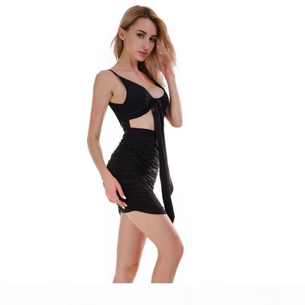 

black backless slip dress front bandage tie knot dress ruched hip wrap mini dresses skirts party dresses women clothes 220110, White;black