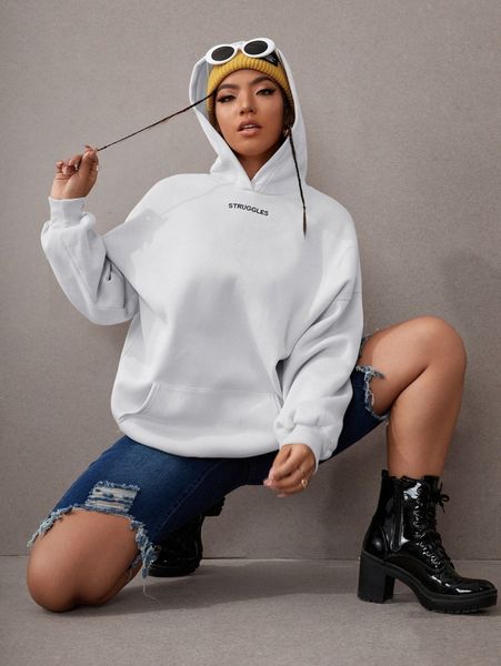

plus letter embroidery kangaroo pocket drop shoulder hoodie y0eq#, Black