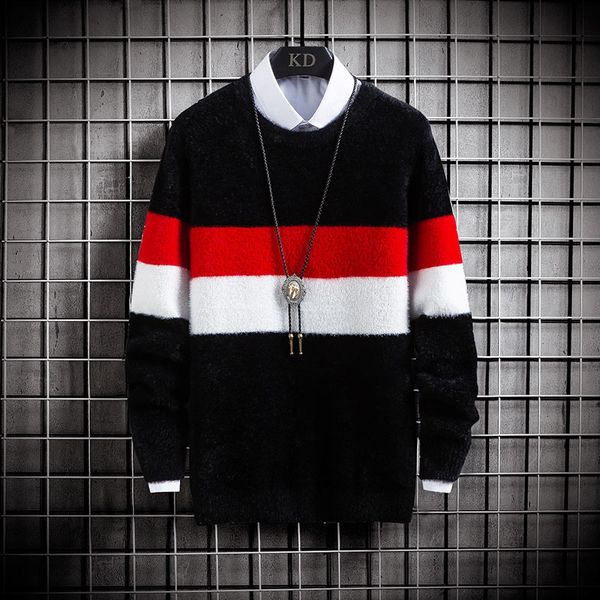 

2021 new men casual sweaters patchwork long sleeve male warm autumn winter wearing fit knitted round collar loose mens outwear s3a5, White;black