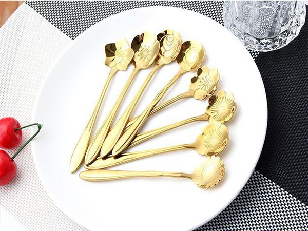 

tea coffee mixing spoon gold spoon long handle dessert stainless steel vintage teaspoons drink tableware flowers design 1pcs for dhl