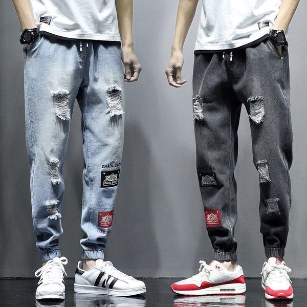 

men's fashion torn drawstring denim pants blue sweatpants elastic waistband men jeans qqyg, Black