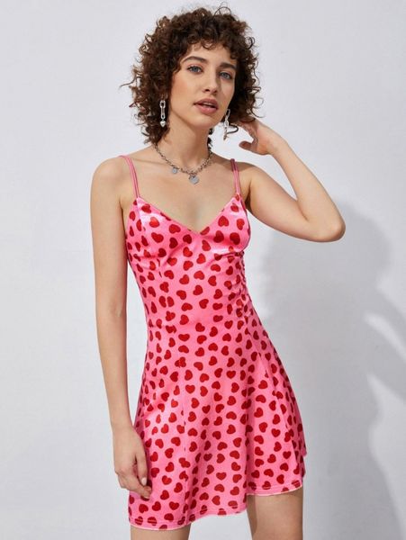 

allover heart print velvet cami dress i0kq#, Black;gray