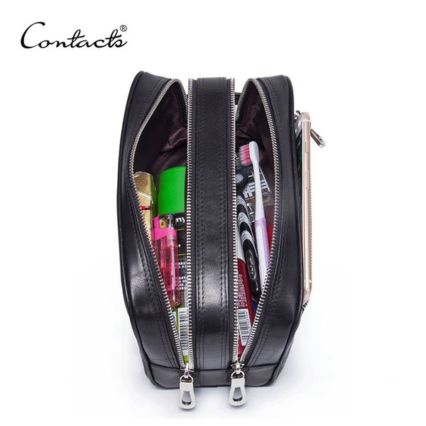 

contact's genuine leather makeup bag men men's cosmetic bags man travel bags black wash bag luxury double zipper