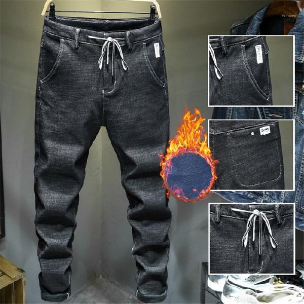 

dropshipping spring warm fleece jean trousers mens oversized winter plus velvet thick stretch jeans male harem loose denim pants1, Blue