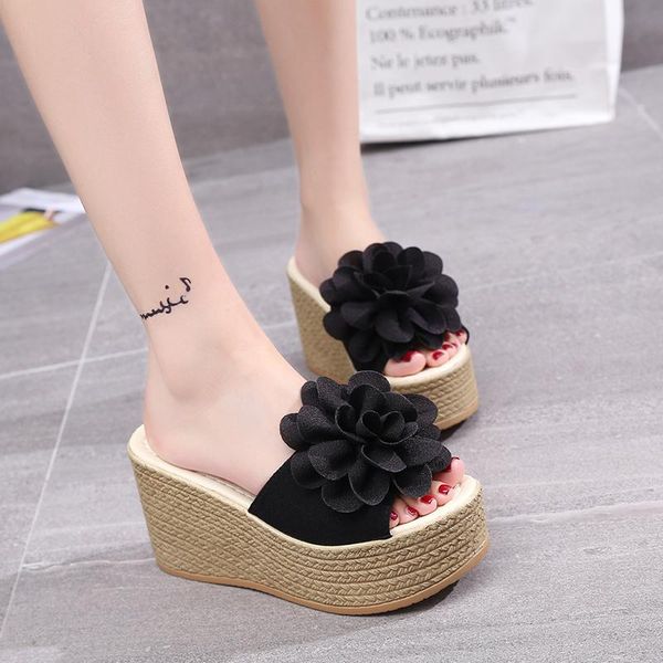 

shoes house slippers platform slides on a wedge summer woman flower women heels fashion flat beach high luxury pu wedges, Black