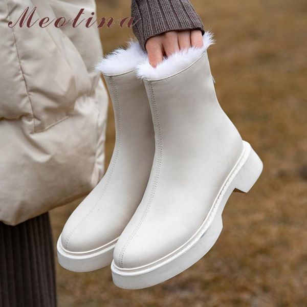 

boots meotina snow woman platform med heel ankle chunky short zip female shoes fur winter beige large size 43, Black