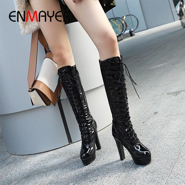 

enmayer super high round toe winter knee high boots solid short plush cross-tied thigh boots pu square leather women1, Black