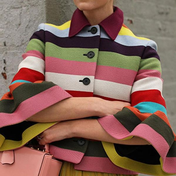 

women's jackets fashion coats women autumn rainbow stripes jacket 3/4 petal sleeve single-breast coat elegant turn-down collar office, Black;brown