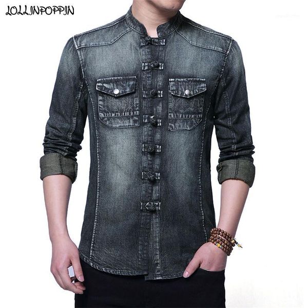 

men's jackets chinese style men denim jacket closures single breasted mandarin collar jean chest flap pockets retro coat1, Black;brown