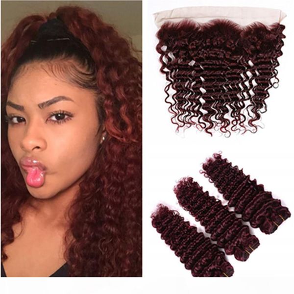 

wine red peruvian human hair deep wave 3bundles with frontal lace closure #99j burgundy wavy human hair lace frontal 13x4 with bundles, Black