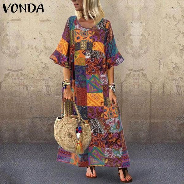 

vonda women summer maxi dress plus size vintage printed long dresses casual loose party vestidos femme beach sundress femininas1, White;black