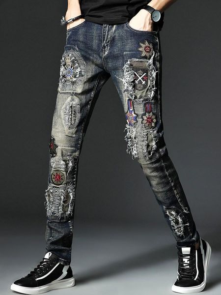 

mens blue rock hip hop jeans embroidered multiple badges patch pants europe and america stretch denim fashion ripped slim jeans