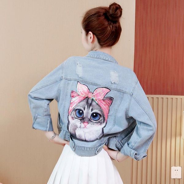 

#3329 summer casual short denim jacket women sequins cat printed jeans jacket ladies plus size 4xl 5xl outerwear holes harajuku, Black;brown