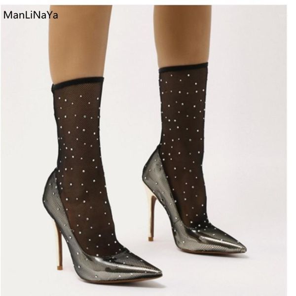 

crystal mesh women boots manlinaya design shallow runway metal thin heel women shoes slip on pointed toe female boots1, Black