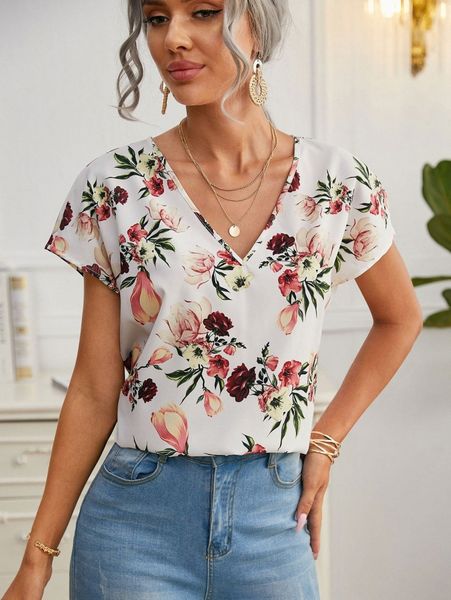 

v-neck batwing sleeve floral print r9py#, White