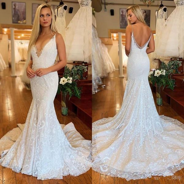 

elegant backless mermaid wedding dresses spaghetti straps lace applique 2021 sweep train custom made wedding bridal gown vestido de novia, White