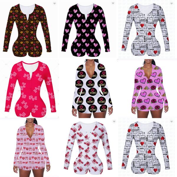 

2021 women rompers designers printed long sleeve jumpsuit shorts onesies valentine's day v neck bodysuit one piece overall pajamas hh12, White