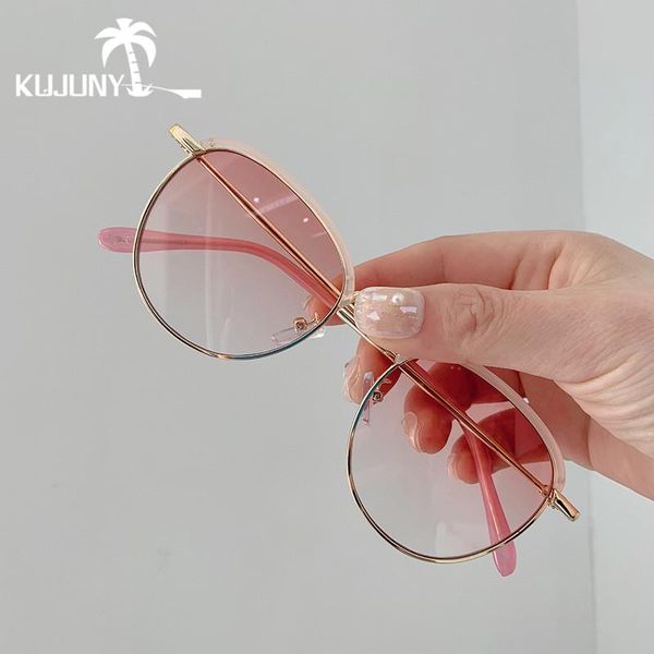 

sunglasses kujuny round frame for women korean retro metal half-frame sun glasses uv protection eyewears, White;black