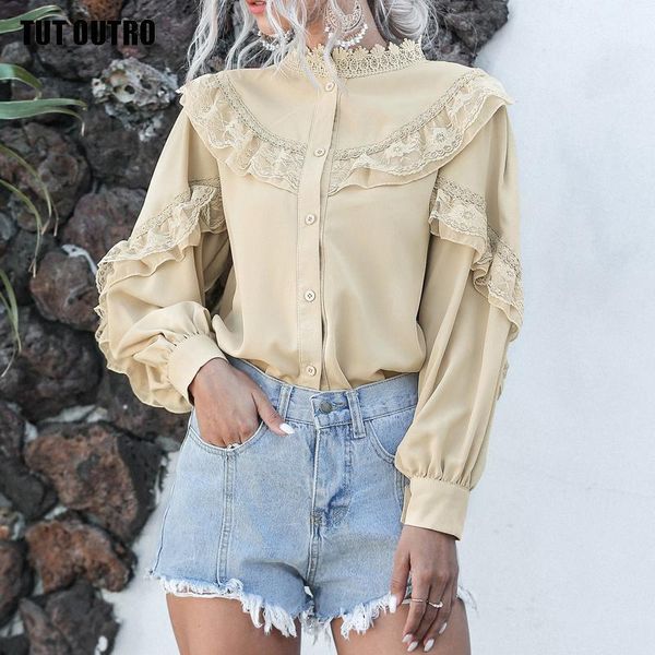 

autumn women's casual blouse loose lantern sleeve elegant women's blouse lace patchwork chiffon shirt office for women, White