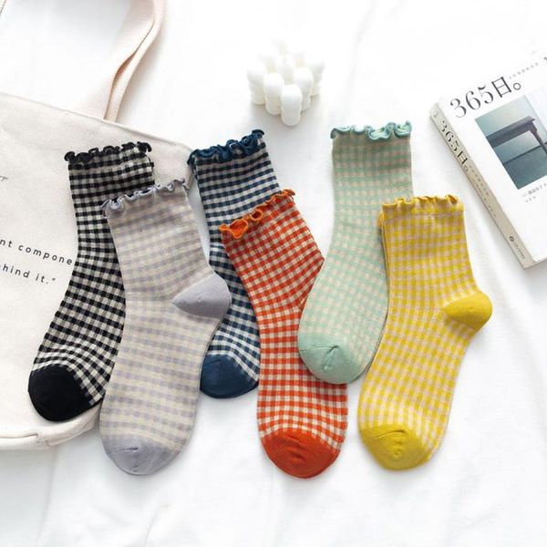 

lolita autumn and winter women's socks korean retro candy color plaid cute all match tube socks girl wood ear cotton, Black;white