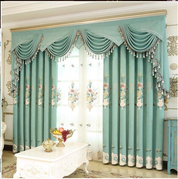 

curtain & drapes high - grade simple fresh shading light blue padded embroidery curtains for living dining room bedroom.1