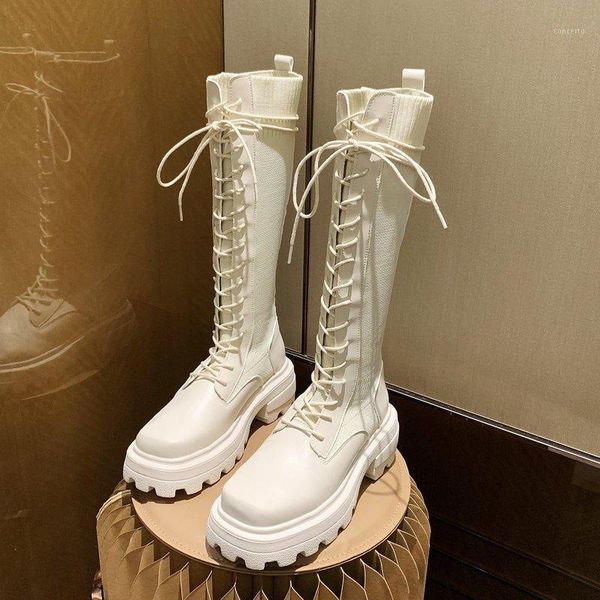 

slip ladies paltform shoes nice autumn women knee high boots casual pu leather lace up thick sole long boots female non-1, Black