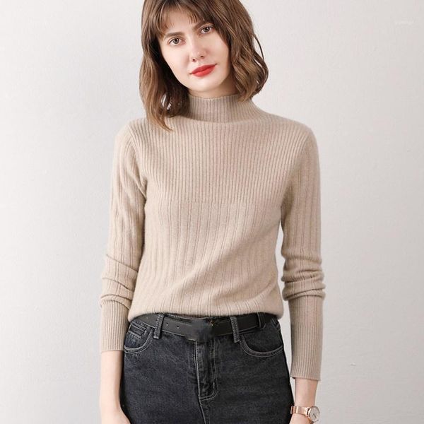 

turtleneck 100% pure wool sweater women's semi-high collar slim sweater autumn and winter new short paragraph thick pullover1, White;black