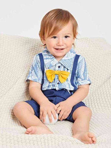 

baby leaf print bow front 2 in 1 romper she, Blue