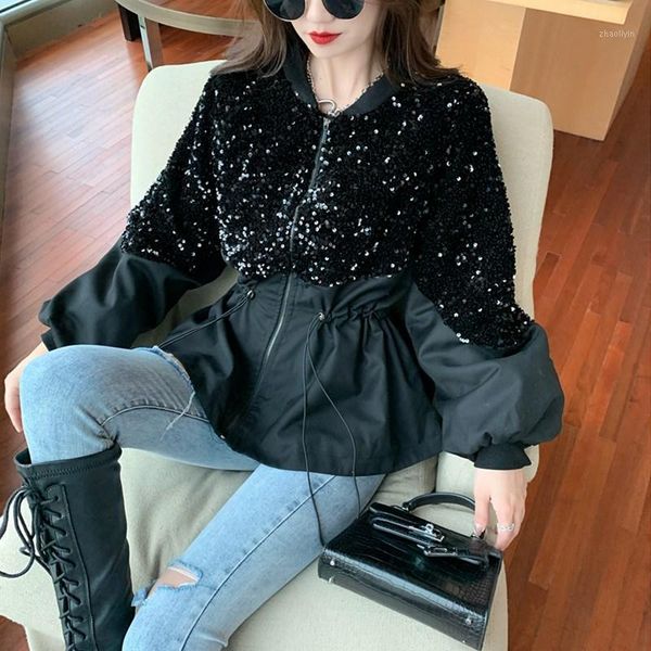 

fashion sequins patchwork woman parkas round neck sequined zipper drawstring loose coat 2021 autumn winter thicken jackets women1, Black;brown