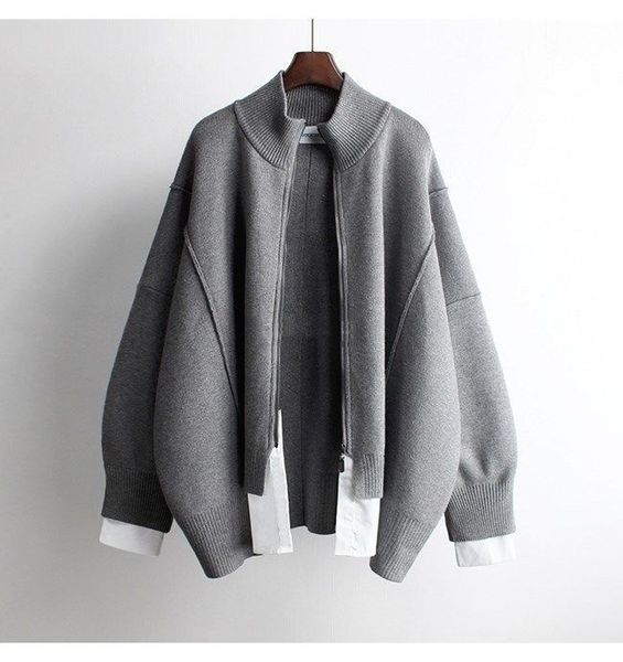 

jersejacket with zipper 2020 fall new knit fabrics cause long sleeve fake korean style two pieces mesh jacket, White;black