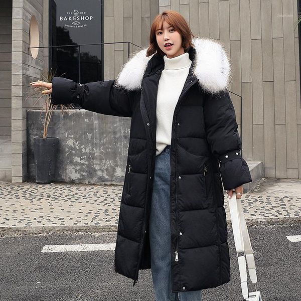 

2019 new plus size multi color hooded parka fashion big fur collar women jacket loose thick long over the knee down cotton coat1, Black