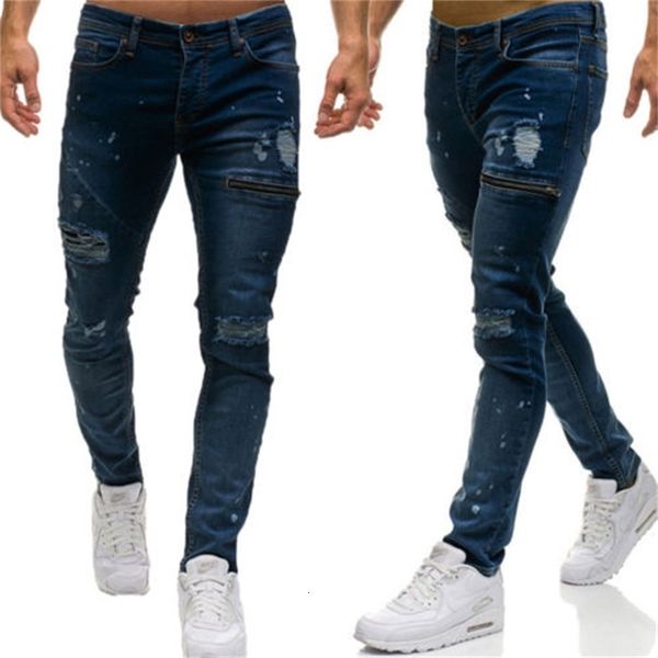 

new fashion hole jean men casual jean pencil pant denim skinny pant straight distressed frayed jeans ripped trousers size -2xl, Blue