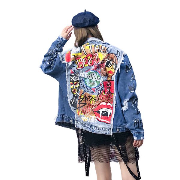 

feminina jaqueta jeans bordado, casaco brim para mulheres adolescentes, estampa de grafite, vintage, desgastado, hip hop, roupa jdsu, Black;brown