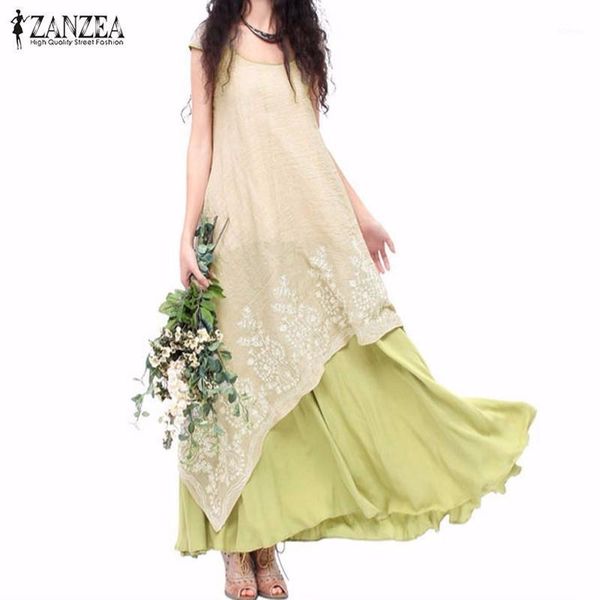

zanzea women long maxi dress dress 2020 summer casual loose o neck short sleeve floral embroidery vintage vestidos, Black;gray