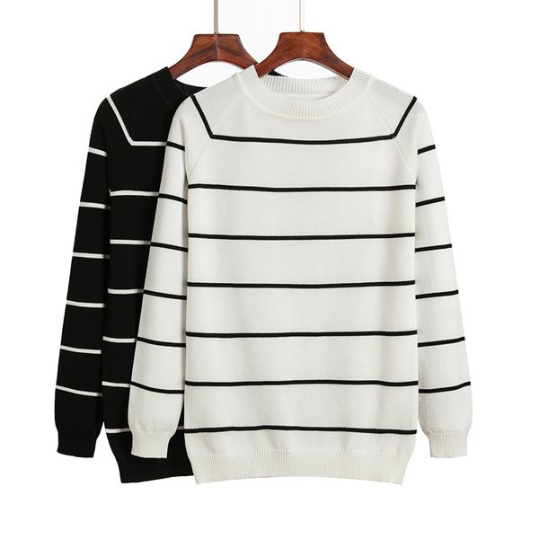 

hlbcbg stripe long sleeve black knitted sweater women autumn o-neck short pullover casual jumper pull femme lj201126, White;black