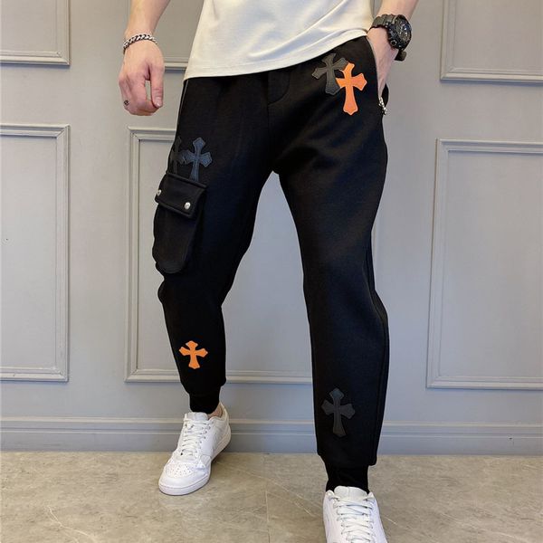 

autumn and winter brand new casual pants: crosin skin cross pocket fashion sports leggings for men, Black