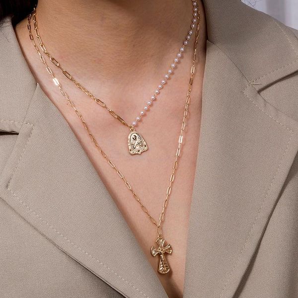 

european and american new product accessories fashion trend head metal tag multi-layer pearl clavicle chain necklace for women, Silver