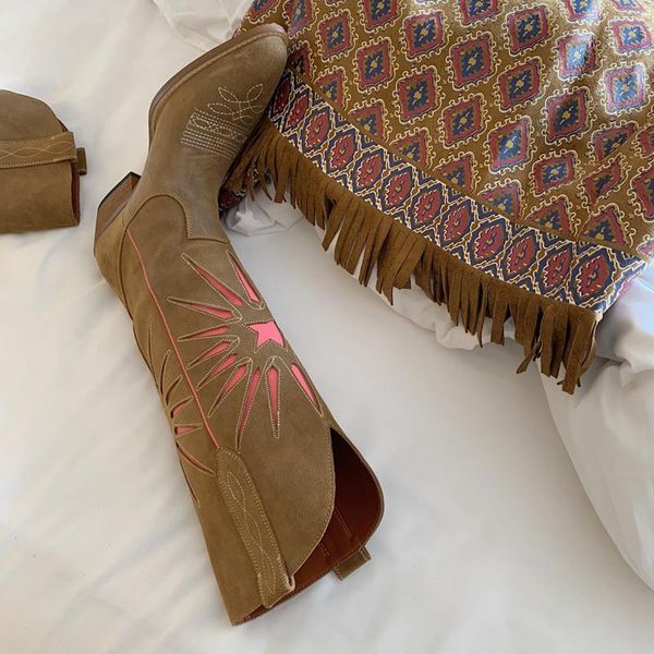 

women's vintage pull on cowboy mid-calf boots suede pointed toe big size embroidery b207, Black