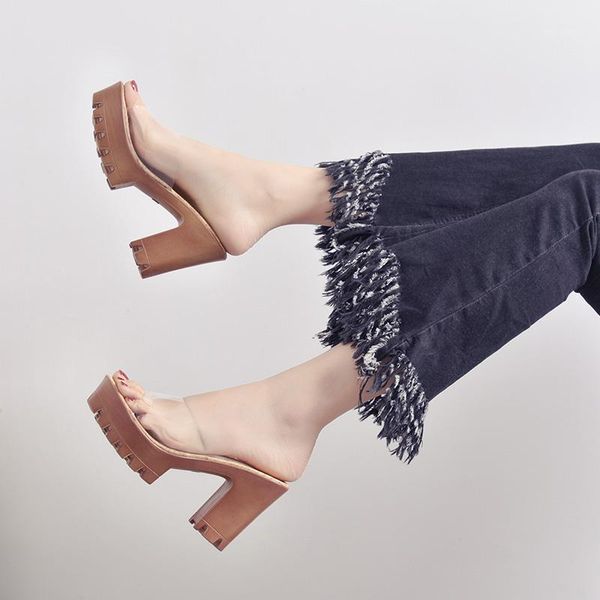 

2020 summer new women's thick bottom high-heeled slippers women's shoes high-heeled wild transparent word sandals1, Black