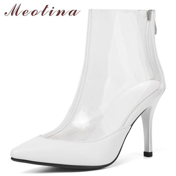 

meotina women ankle boots autumn natural genuine leather zip thin heel short boots transparent super high heel shoes size 33-42, Black
