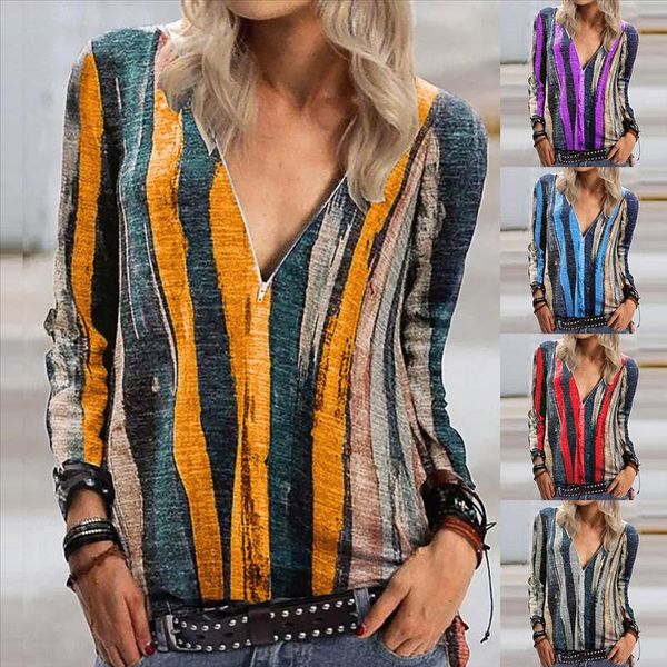 

5colors blouse women new fashion autumn plus size loose v neck zipper colour stripe printed ship, White
