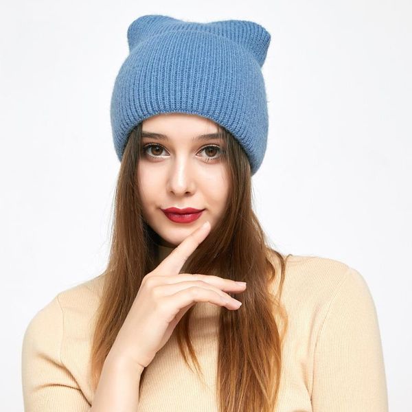 

beanie/skull caps women's hat winter beanie velvet thick warm cartoon cat ear protection knitted cap hats for girls women bonnet femme, Blue;gray