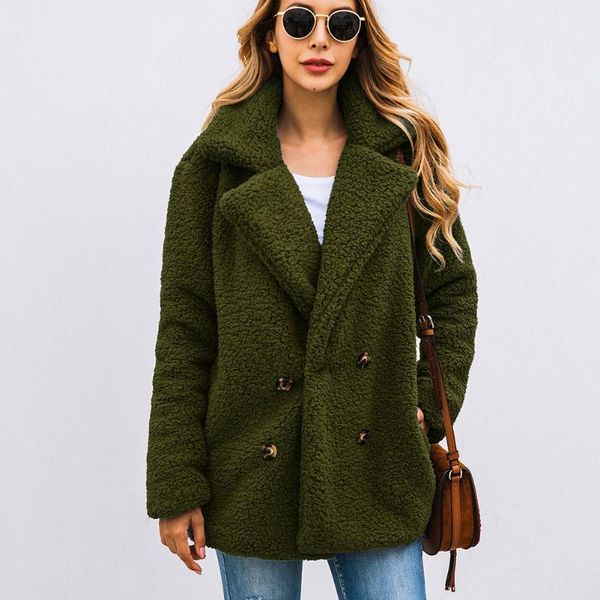 

2019 autumn and winter fashion button jacket collar pockets women coat fur coat ticked warm pakas women1, Black