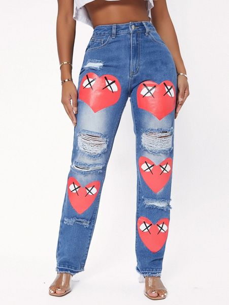 

sxy heart print ripped jeans 986e#, Blue