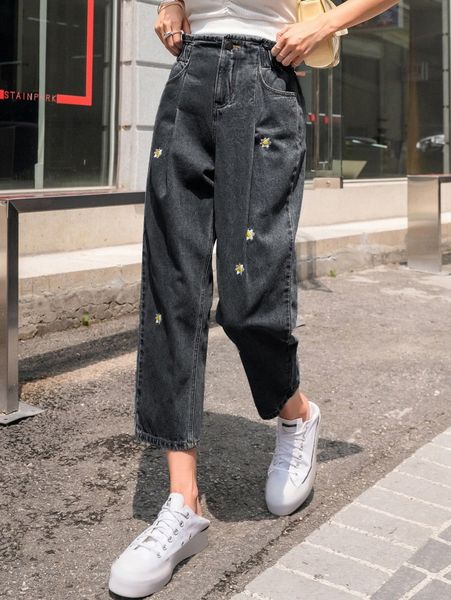 

dazy floral embroidery cropped mom fit jeans u0fx#, Blue